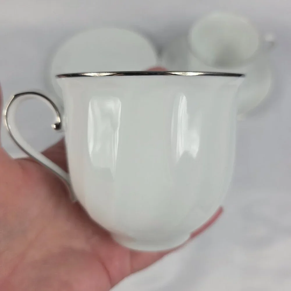 TWO (2) Mikasa Wedding Band Platinum Cup & Saucer Sets White Swirl Platinum Trim